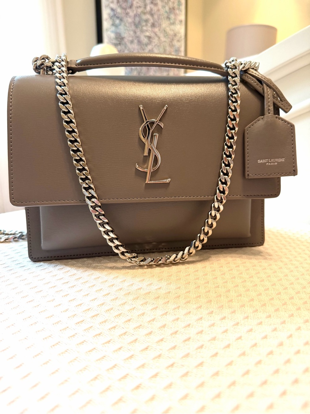 Saint Laurent Sunset Fog Grey Leather Shoulder Bag with Silver YSL & Chain